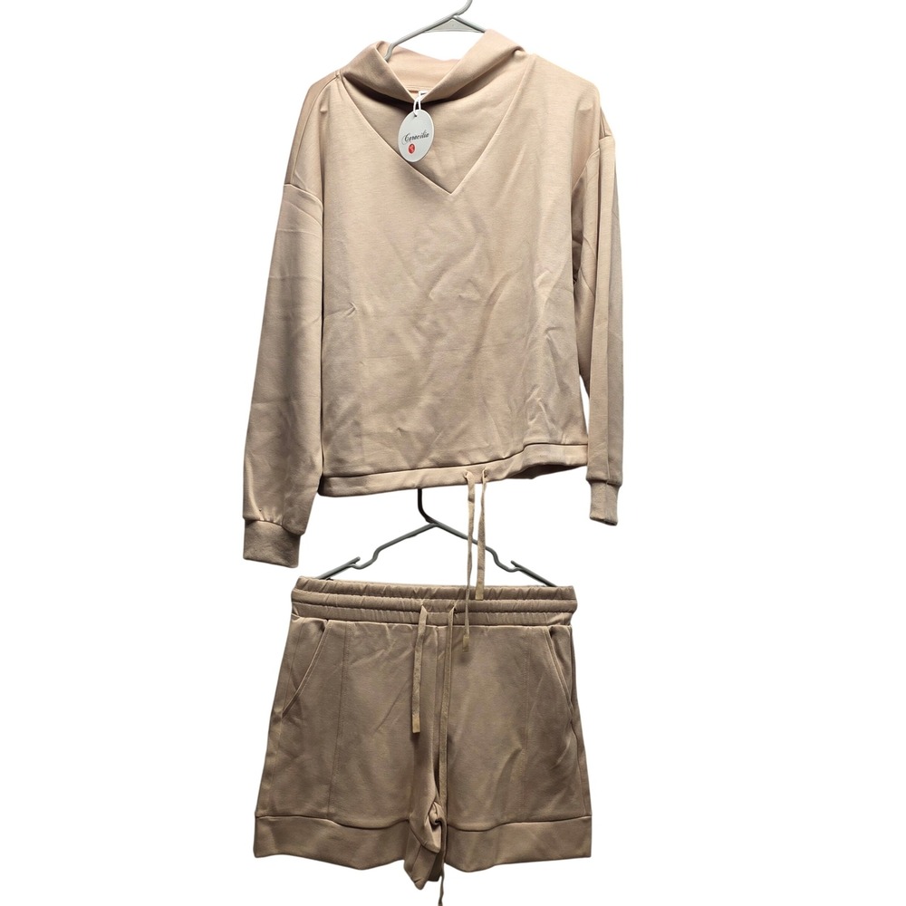 Caracilia Womens 2 Piece Lounge Set Beige Tan Hoodie and Shorts Small NWT
